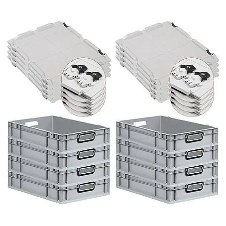 SuperSparSet 8x Eurobox NextGen Color mit Scharnierdeckel und Schiebeschnappverschlüssen | HxBxT 12x40x60cm | 23 Liter | Grau | Griffe schwarz offen | Glatter Boden | Eurobehälter, Transportbox, Transportbehälter, Stapelbehälter