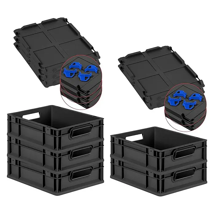 Proregal Euroboxen-Set 5x Eurobox NextGen Grip mit Scharnierdeckel und blauen Verschlüssen - L x B x H: 40 x 30 x 12 cm, Kunststoff, Schwarz, 5 Stk. - Stapelbare schwarze Kunststoffboxen und Deckel mit blauen Stapelhilfen für effiziente Lagerung und Ordnung.
