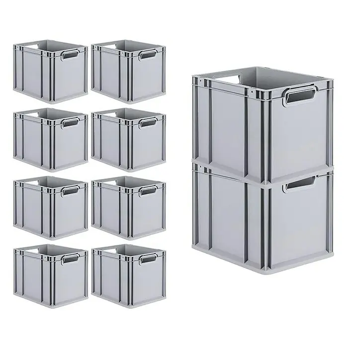 Proregal Euroboxen-Set 10x Eurobox NextGen Economy mit Scharnierdeckel und blauen Verschlüssen - Kunststoff, Grau, 10 Stk. - Gestapelte graue Aufbewahrungsboxen aus Kunststoff mit praktischen Griffen, ideal für Ordnung und Lagerung.