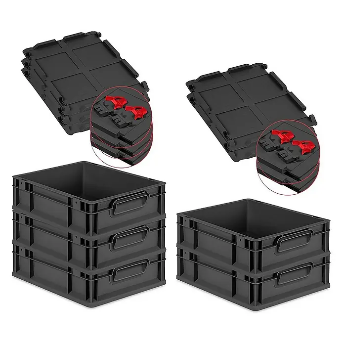Proregal Euroboxen-Set 5x Eurobox NextGen Grip mit Scharnierdeckel und roten Verschlüssen - L x B x H: 40 x 30 x 12 cm, Kunststoff, Schwarz, 5 Stk. - Bild von stapelbaren grauen Kunststoffkisten und zugehörigen Deckeln mit roten Verriegelungen für sichere Lagerung.