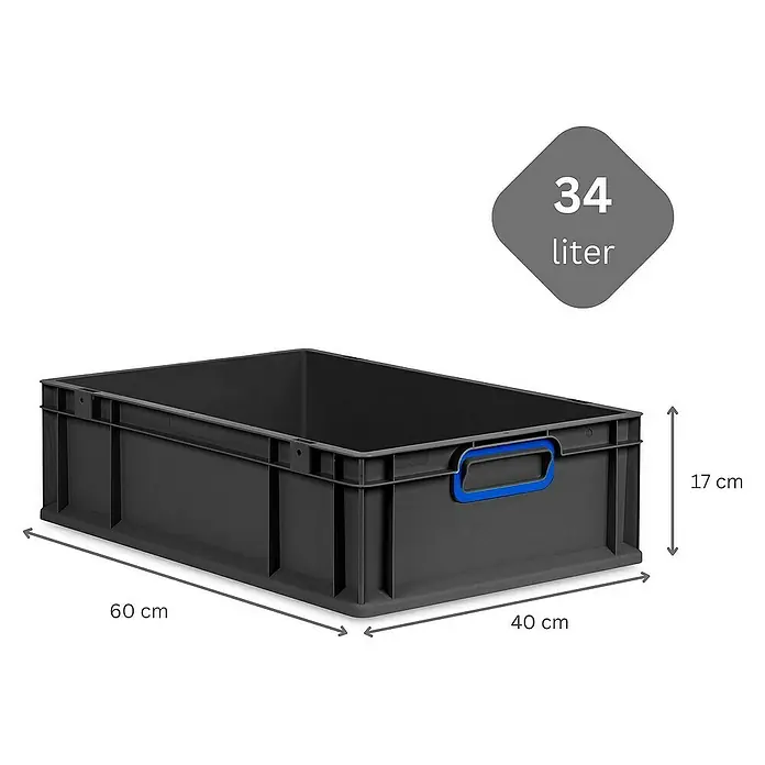 Proregal Euroboxen-Set 10x Eurobox NextGen Color mit Scharnierdeckel und Verschlüssen - L x B x H: 60 x 40 x 17 cm, Kunststoff, Schwarz, Blau, 10 Stk. - Abbildung einer grauen 34-Liter-Eurobox mit den Maßen 60 x 40 x 17 cm, ideal für Lagerung und Transport.