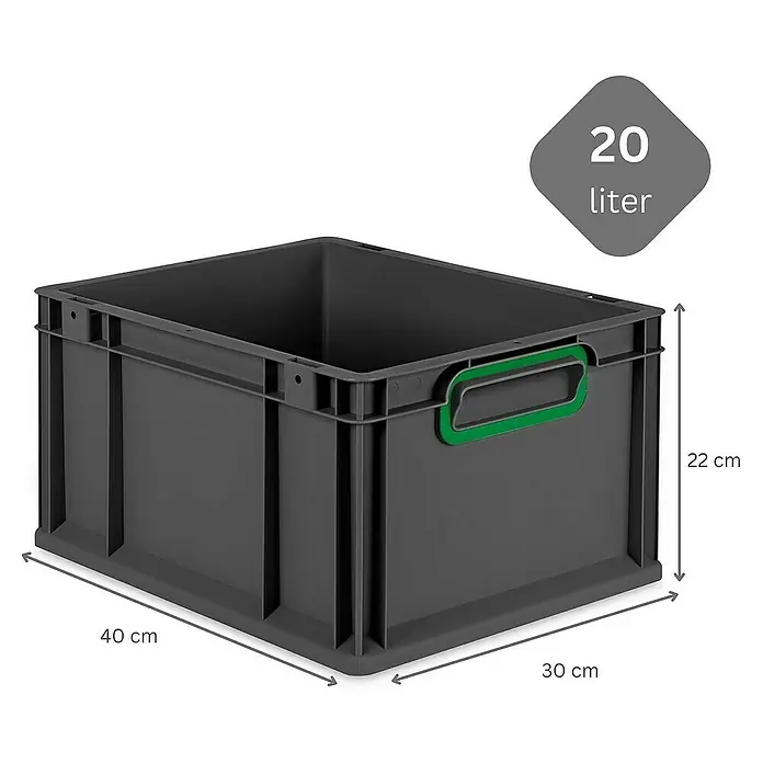 Proregal Euroboxen-Set 5x Eurobox NextGen Color mit Scharnierdeckel und Verschlüssen - L x B x H: 40 x 30 x 22 cm, Kunststoff, Schwarz, Grün, 5 Stk. - Graue 20-Liter-Lagerkiste aus Kunststoff mit grünen Griffen und den Maßen 40x30x22 cm.