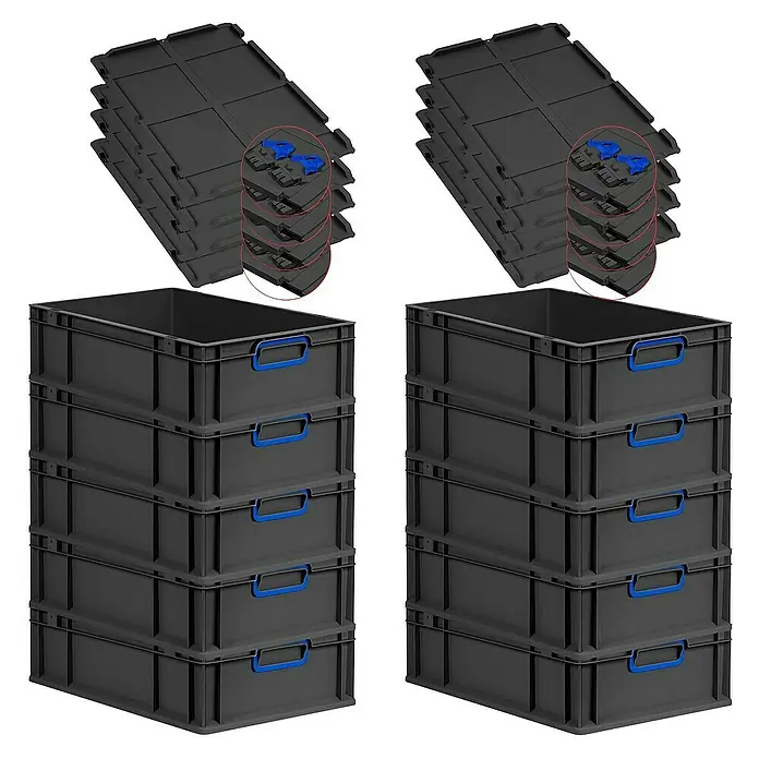 Proregal Euroboxen-Set 10x Eurobox NextGen Color mit Scharnierdeckel und Verschlüssen - L x B x H: 60 x 40 x 17 cm, Kunststoff, Schwarz, Blau, 10 Stk. - Schwarze Kunststoffboxen mit blauem Griff und flache schwarze Deckel mit blauen Verschlüssen.