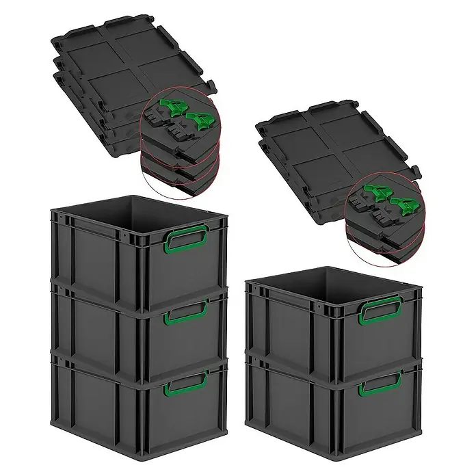 Proregal Euroboxen-Set 5x Eurobox NextGen Color mit Scharnierdeckel und Verschlüssen - L x B x H: 40 x 30 x 22 cm, Kunststoff, Schwarz, Grün, 5 Stk. - Stapelbare Kunststoffboxen und zugehörige Deckel, ideal für Lagerung und Transport mit praktischen, grünen Griffen.