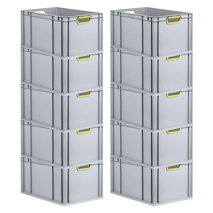 Proregal Euroboxen-Set 10x Eurobox NextGen Color - L x B x H: 60 x 40 x 32 cm, Kunststoff, Grau, Gelb, 10 Stk. - Bild von zwei Stapeln grauer Lagerboxen mit gelben Griffen, ideal zur Lagerung.