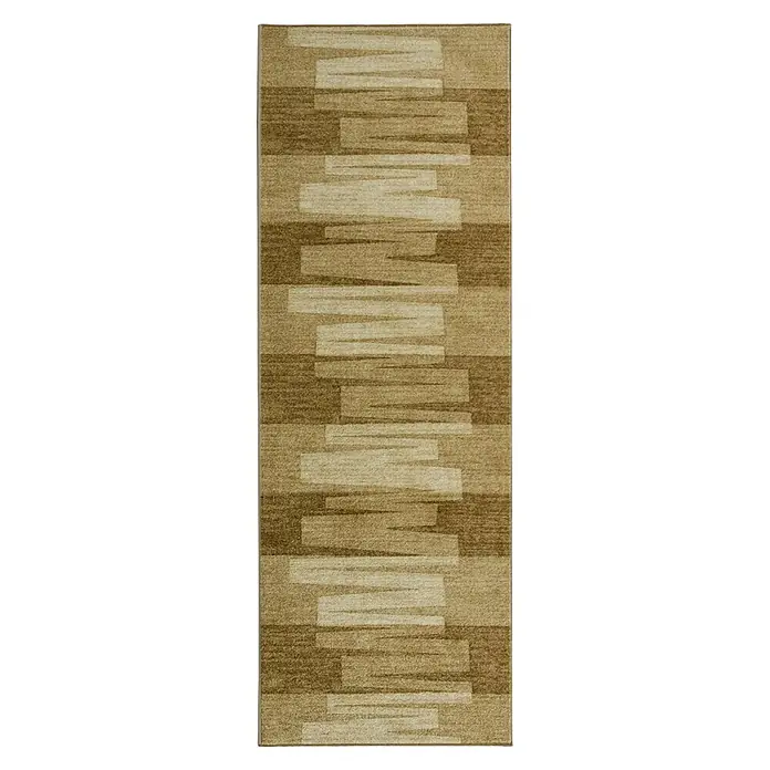 Kurzflorteppich Via Veneto - Beige, 450 x 80 cm, 100 % Polyamid - Ein beigefarbener Teppich mit einem abstrakten Muster aus horizontalen Rechtecken, die in helleren und dunkleren Farbtönen gehalten sind.