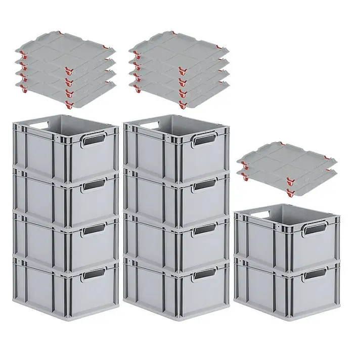 Proregal Euroboxen-Set 10x Eurobox NextGen Economy mit Auflagedeckel und 4x Verschlüsse Rot - Kunststoff, Grau, 10 Stk. - Bild zeigt ein Set von grauen Euroboxen mit dazugehörigen Deckeln. Die Euroboxen sind gestapelt und die Deckel separat gruppiert.