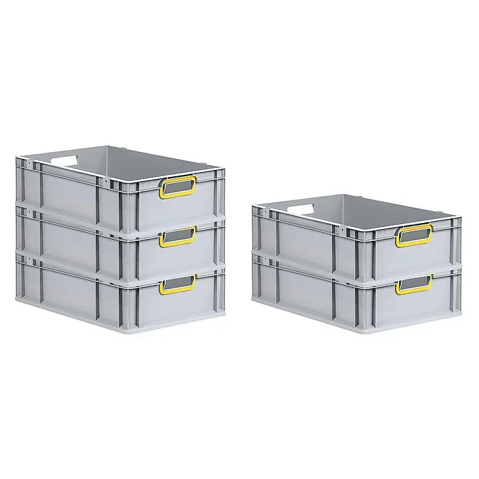 Proregal Euroboxen-Set 5x Eurobox NextGen Color - L x B x H: 60 x 40 x 17 cm, Kunststoff, Grau, Gelb, 5 Stk. - Graue Kunststoffbehälter im Stapel. Diese praktischen Lagerbehälter sind ideal für die Organisation und Aufbewahrung verschiedener Gegenstände.
