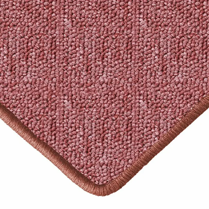 Flachgewebeteppich London - Terra, 200 x 200 cm, 100 % Polypropylen - Nahaufnahme einer rosafarbenen Teppichfliese mit robuster Textur und sauberer, farblich abgestimmter Umrandung.
