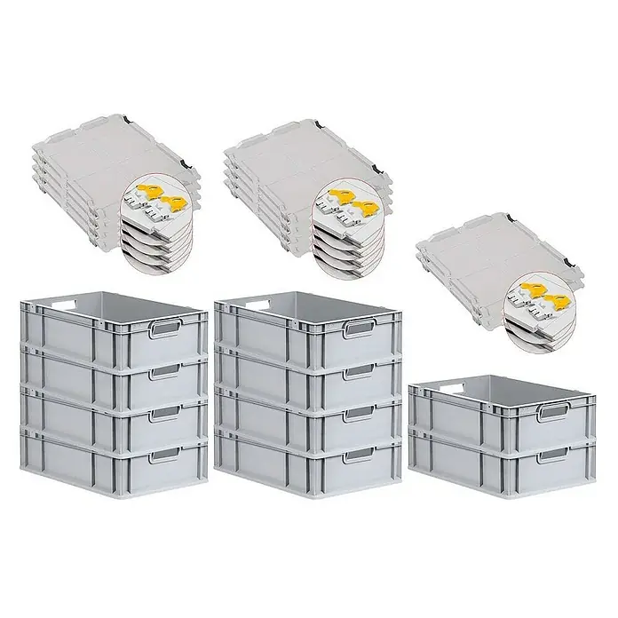 Proregal Euroboxen-Set 10x Eurobox NextGen Grip mit Scharnierdeckel und gelben Verschlüssen - L x B x H: 60 x 40 x 17 cm, Kunststoff, Grau, 10 Stk. - Ansicht von drei Stapeln grauer Kunststoffboxen und drei Stapeln passender durchsichtiger Deckel, ideal für Lagerung und Transport.