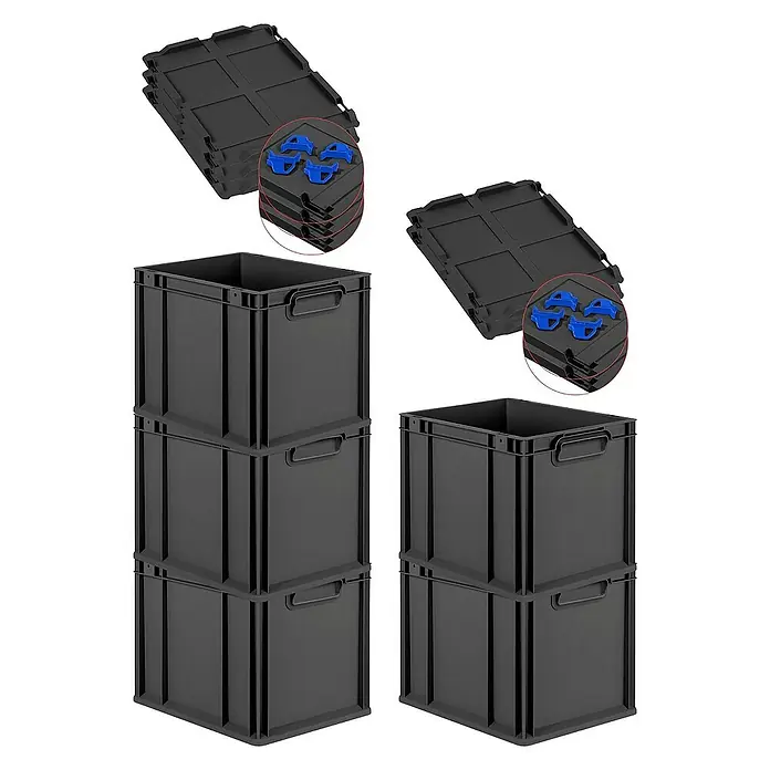 Proregal Euroboxen-Set 5x Eurobox NextGen Grip mit Auflagedeckel inkl. 4 blauen Verschlüssen - Kunststoff, Schwarz, 5 Stk. - Schwarze Klappboxen im Set, ideal für Lagerung und Transport. Platzsparend zusammenklappbar und mit praktischen blauen Halteklammern.