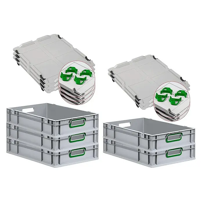 Proregal Euroboxen-Set 5x Eurobox NextGen Color mit Auflagedeckel und Schiebeschnappverschlüsse - L x B x H: 60 x 40 x 12 cm, Kunststoff, Grau, Grün, 5 Stk. - Abgebildet sind stapelbare Eurobehälter mit Deckeln und grünen Einsätzen, ideal für Lagerung und Transport.