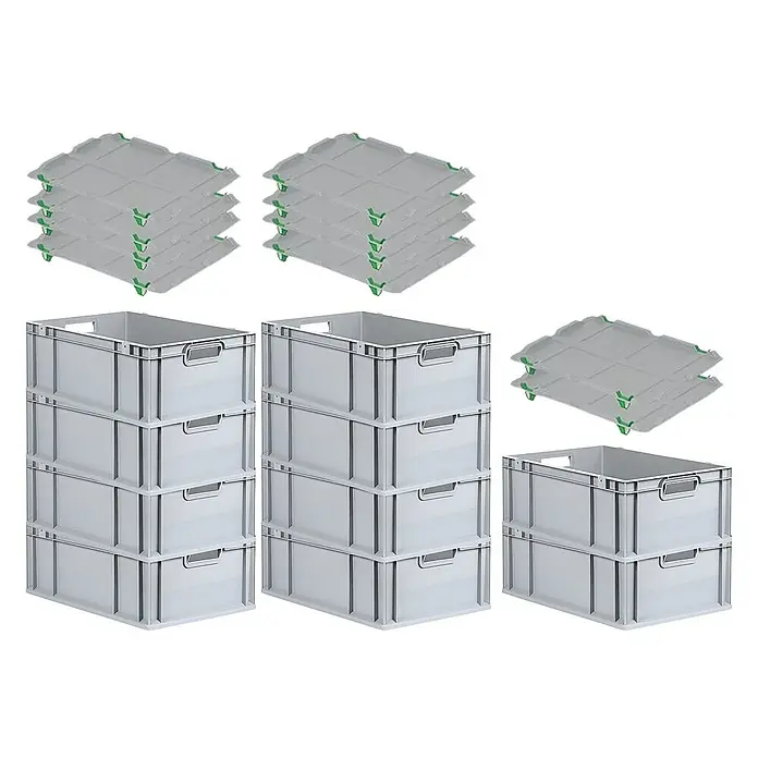 Proregal Euroboxen-Set 10x Eurobox NextGen Grip mit Auflagedeckel inkl. 4 grünen Verschlüssen - L x B x H: 60 x 40 x 22 cm, Kunststoff, Grau, 10 Stk. - Stapelweise graue Kunststoffboxen mit Deckeln, ideal für Lagerung und Transport. Praktisches Stapelsystem für Ordnung.