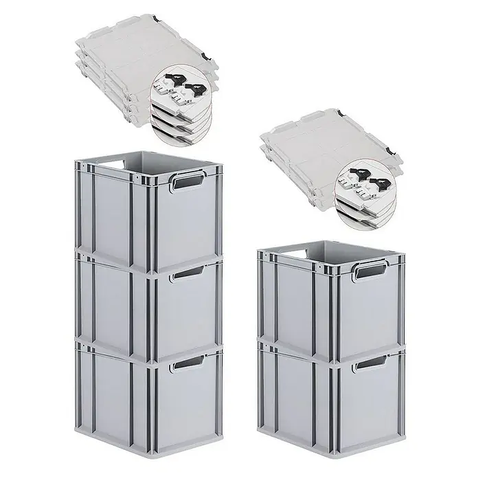 Proregal Euroboxen-Set 5x Eurobox NextGen Grip mit Scharnierdeckel und schwarzen Verschlüssen - Kunststoff, Grau, 5 Stk. - Bild von stapelbaren Eurobehältern mit Deckel, ideal für Lagerung und Transport. Robuste Kunststoffkisten in verschiedenen Größen erhältlich.