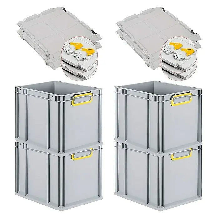 Proregal Euroboxen-Set 4x Eurobox NextGen Color mit Scharnierdeckel und Verschlüssen - Kunststoff, Grau, Gelb, 4 Stk. - Abbildung von vier grauen Lagerboxen mit gelben Griffen und zwei dazugehörigen grauen Deckeln mit gelben Verschlüssen.