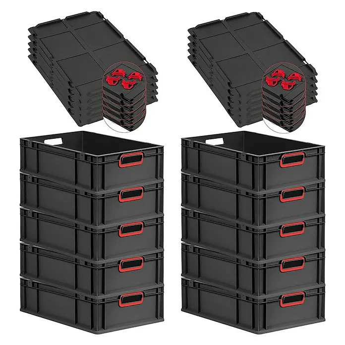 Proregal Euroboxen-Set 10x Eurobox NextGen Color mit Auflagedeckel und Schiebeschnappverschlüsse - L x B x H: 60 x 40 x 17 cm, Kunststoff, Schwarz, Rot, 10 Stk. - Das Bild zeigt zwei Stapel schwarzer Kunststoffboxen mit roten Griffen und passenden Deckeln. Ideal für Lagerung und Organisation.