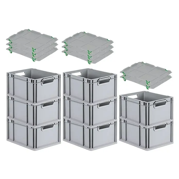 Proregal Euroboxen-Set 8x Eurobox NextGen Grip mit Auflagedeckel inkl. 4 grünen Verschlüssen - L x B x H: 40 x 30 x 22 cm, Kunststoff, Grau, 8 Stk. - Bild von drei Stapeln grauer Lagerbehälter mit Tragegriffen und drei Stapeln grauer Deckel mit grünen Eckverbindungen.