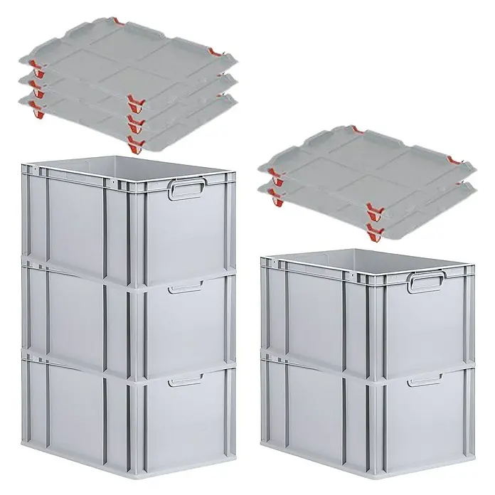Proregal Euroboxen-Set 5x Eurobox NextGen Economy mit Auflagedeckel und 4x Verschlüsse Rot - L x B x H: 60 x 40 x 32 cm, Kunststoff, Grau, 5 Stk. - Auf dem Bild sind graue Eurobehälter mit Griffmulden und passende Deckel mit roten Verschlüssen zu sehen. Praktische Lagerlösung für vielfältige Anwendungen.