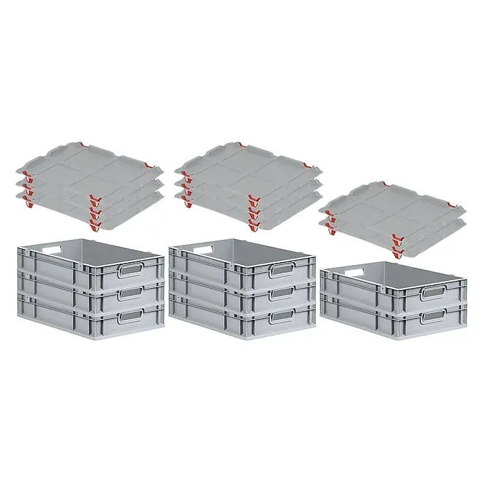 Proregal Euroboxen-Set 8x Eurobox NextGen Economy mit Auflagedeckel und 4x Verschlüsse Rot - L x B x H: 60 x 40 x 12 cm, Kunststoff, Grau, 8 Stk. - Das Bild zeigt Stapelboxen mit Deckeln, bestehend aus je drei grauen Boxen und drei grauen Deckeln mit roten Verschlüssen.