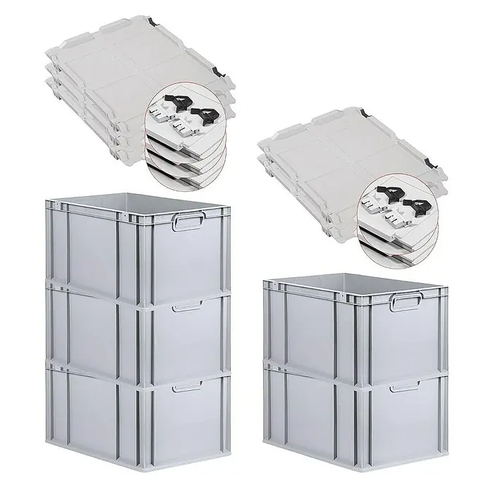 Proregal Euroboxen-Set 5x Eurobox NextGen Economy mit Scharnierdeckel und schwarzen Verschlüssen - L x B x H: 60 x 40 x 32 cm, Kunststoff, Grau, 5 Stk. - Produktansicht von stapelbaren, grauen Lagerboxen mit Deckeln. Die Boxen bieten eine robuste und platzsparende Lösung für Lagerung.