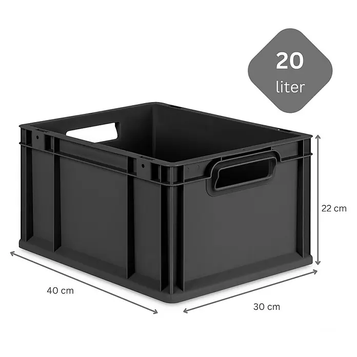 SparSet 10x Eurobox NextGen Grip mit Auflagedeckel inkl. 4 schwarzen Schiebeschnappverschlüssen | HxBxT 22x30x40cm | 20 Liter | Schwarz | Griffe offen | Eurobehälter, Transportbox, Transportbehälter, Stapelbehälter -  - Abgebildete schwarze 20-Liter-Lagerbox aus Kunststoff mit den Maßen 40x30x22 cm, ideal zur Aufbewahrung verschiedener Gegenstände im Haushalt.