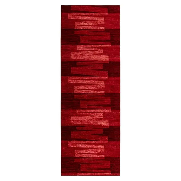 Kurzflorteppich Via Veneto - Rot, 100 x 100 cm, 100 % Polyamid - Dieser Teppich in Rottönen zeigt ein Muster aus helleren horizontalen Streifen, die eine moderne und dynamische Optik erzeugen.