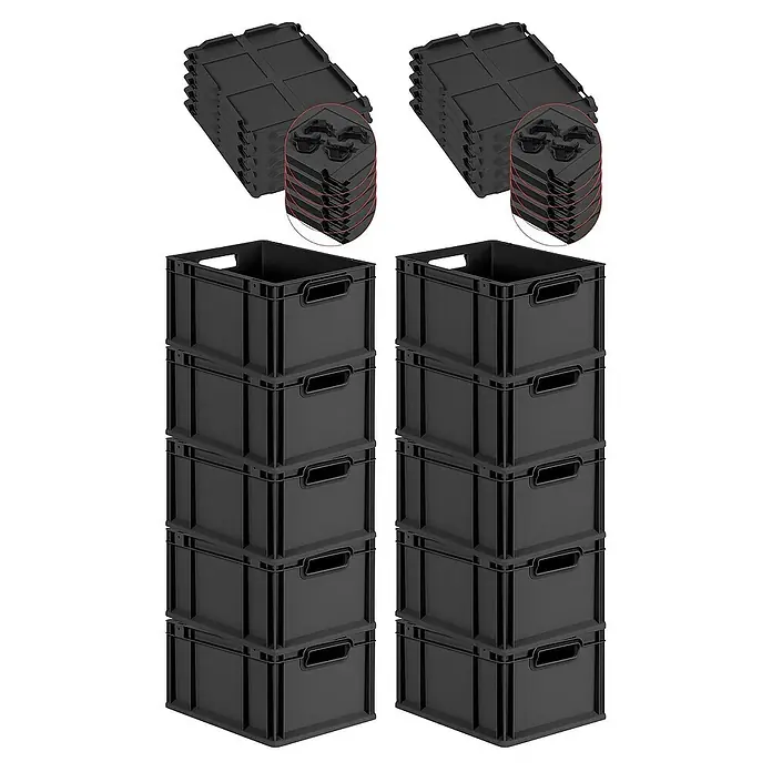 SparSet 10x Eurobox NextGen Grip mit Auflagedeckel inkl. 4 schwarzen Schiebeschnappverschlüssen | HxBxT 22x30x40cm | 20 Liter | Schwarz | Griffe offen | Eurobehälter, Transportbox, Transportbehälter, Stapelbehälter -  - Dargestellt sind zwei Stapel schwarzer Aufbewahrungsbehälter und dazugehörige Deckel, ideal für Ordnung und Lagerung.