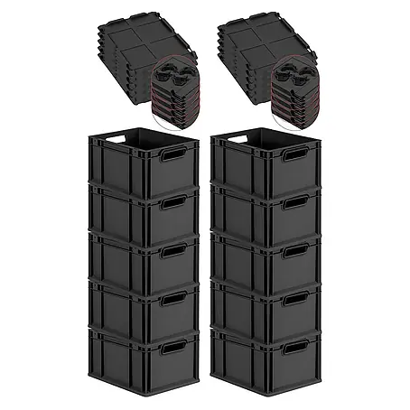 SparSet 10x Eurobox NextGen Grip mit Auflagedeckel inkl. 4 schwarzen Schiebeschnappverschlüssen | HxBxT 22x30x40cm | 20 Liter | Schwarz | Griffe offen | Eurobehälter, Transportbox, Transportbehälter, Stapelbehälter