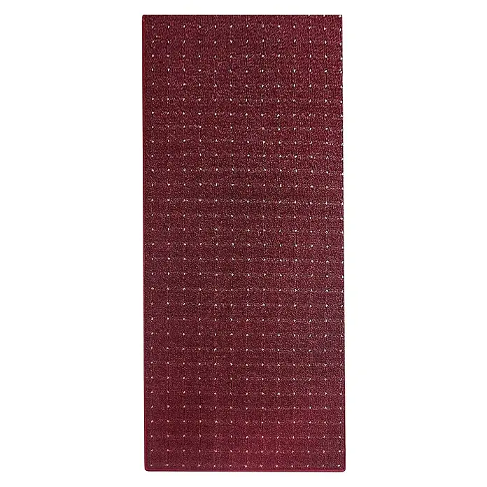 Flachgewebeteppich Rapido - Violett, 200 x 200 cm, 100 % Polypropylen - Nahaufnahme eines burgunderroten Stoffes mit dezentem Punktmuster, ideal für Bekleidung oder Heimtextilien. Die Textur bietet eine interessante visuelle Tiefe.