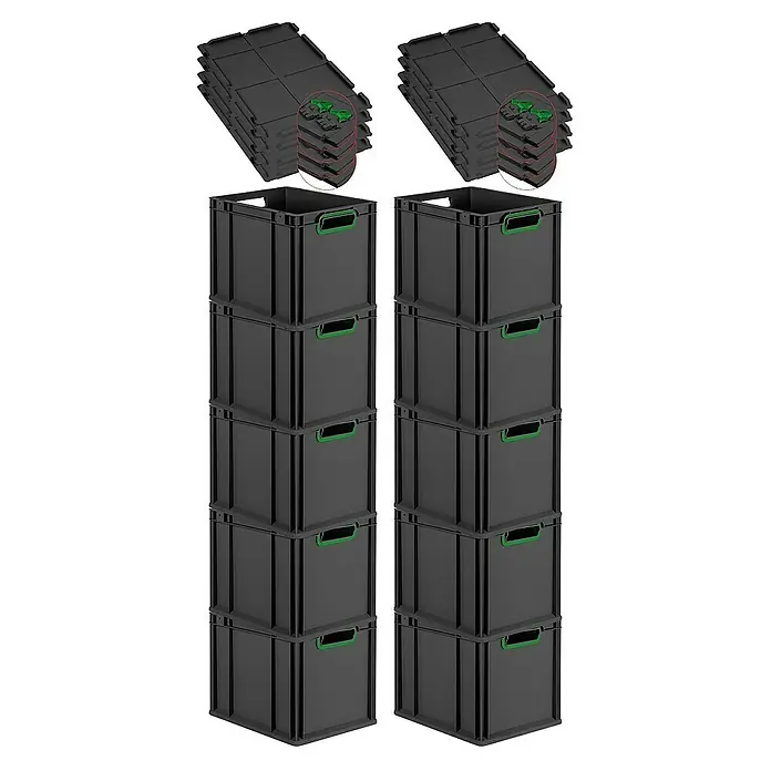 Proregal Euroboxen-Set 10x Eurobox NextGen Color mit Scharnierdeckel und Verschlüssen - Kunststoff, Schwarz, Grün, 10 Stk. - Ein Bild von zwei Stapeln grauer Lagerboxen und stapelbaren Deckeln mit grünen Akzenten, die eine praktische Aufbewahrungslösung bieten.