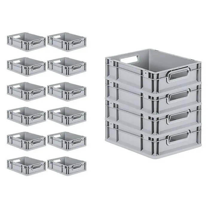 SuperSparSet 16x Eurobox NextGen Grip mit Scharnierdeckel und blauen Schiebeschnappverschlüssen | HxBxT 12x30x40cm | 11 Liter | Grau | Griffe offen | Glatter Boden | Eurobehälter, Transportbox, Transportbehälter, Stapelbehälter -  - Ein Stapel grauer Lagerboxen und mehrere einzelne Lagerboxen. Die praktischen Boxen bieten viel Stauraum.