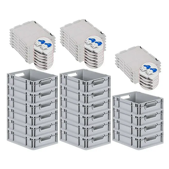 SuperSparSet 16x Eurobox NextGen Grip mit Scharnierdeckel und blauen Schiebeschnappverschlüssen | HxBxT 12x30x40cm | 11 Liter | Grau | Griffe offen | Glatter Boden | Eurobehälter, Transportbox, Transportbehälter, Stapelbehälter -  - Das Bild zeigt drei Stapel grauer Kunststoffkisten mit Griffen und dazugehörigen Deckeln.