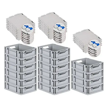 SuperSparSet 16x Eurobox NextGen Grip mit Scharnierdeckel und blauen Schiebeschnappverschlüssen | HxBxT 12x30x40cm | 11 Liter | Grau | Griffe offen | Glatter Boden | Eurobehälter, Transportbox, Transportbehälter, Stapelbehälter