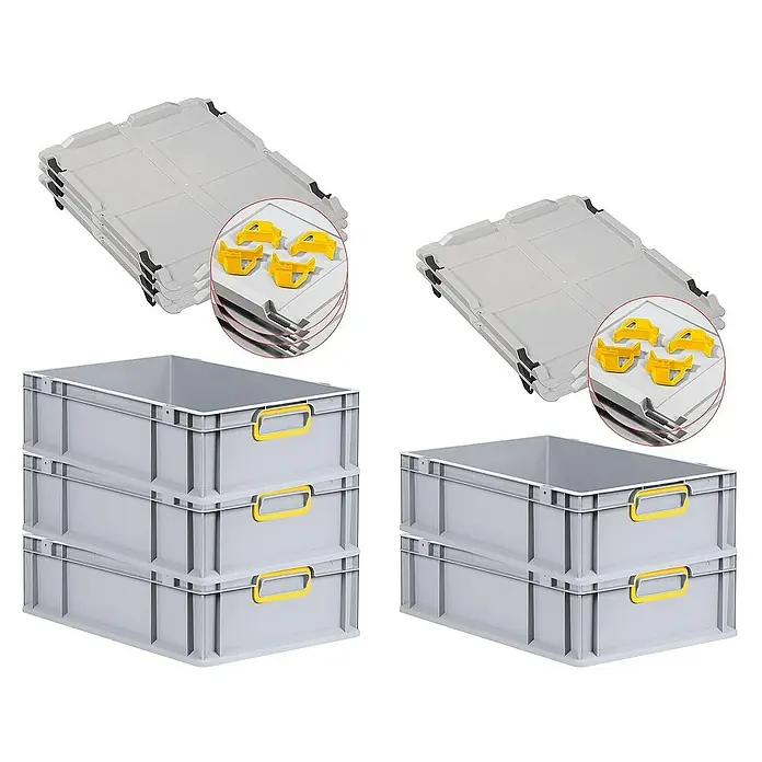 Proregal Euroboxen-Set 5x Eurobox NextGen Color mit Auflagedeckel und Schiebeschnappverschlüsse - L x B x H: 60 x 40 x 17 cm, Kunststoff, Grau, Gelb, 5 Stk. - Stapelbare graue Kunststoffbehälter mit gelben Griffen und passenden Deckeln für Lagerung und Transport.