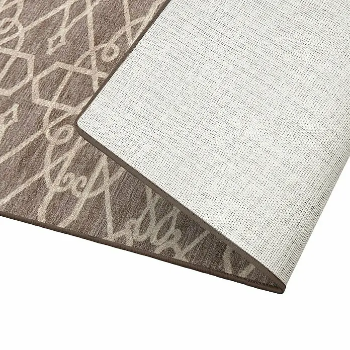 Teppichläufer Navelli - Braun, 200 x 80 cm, 100 % Polyamid - Detailansicht eines dekorativen Teppichs mit geometrischem Muster und rutschfester Unterseite.