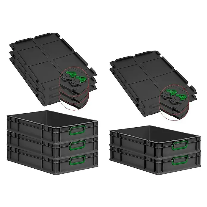 SuperSparSet 5x Eurobox NextGen Color mit Scharnierdeckel und Schiebeschnappverschlüssen | HxBxT 12x40x60cm | 23 Liter | Schwarz | Griffe grün geschlossen | Eurobehälter, Transportbox, Transportbehälter, Stapelbehälter -  - Bild von stapelbaren, grauen Kunststoffbehältern und dazugehörigen Deckeln mit grünen Griffen.