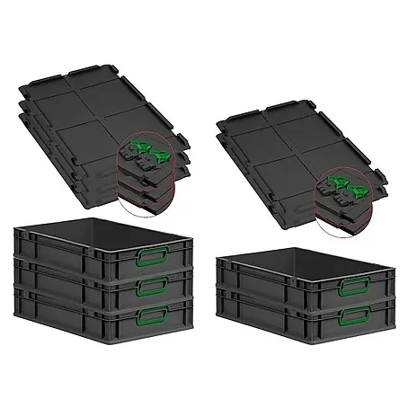 SuperSparSet 5x Eurobox NextGen Color mit Scharnierdeckel und Schiebeschnappverschlüssen | HxBxT 12x40x60cm | 23 Liter | Schwarz | Griffe grün geschlossen | Eurobehälter, Transportbox, Transportbehälter, Stapelbehälter