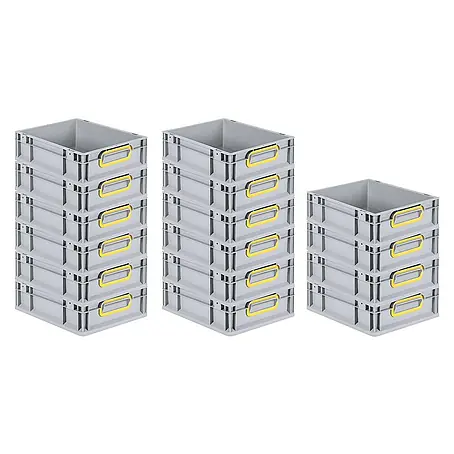 SuperSparSet 16x Eurobox NextGen Color | HxBxT 12x30x40cm | 11 Liter | Griffe gelb geschlossen | Glatter Boden | Grau | Eurobehälter, Transportbox, Transportbehälter, Stapelbehälter