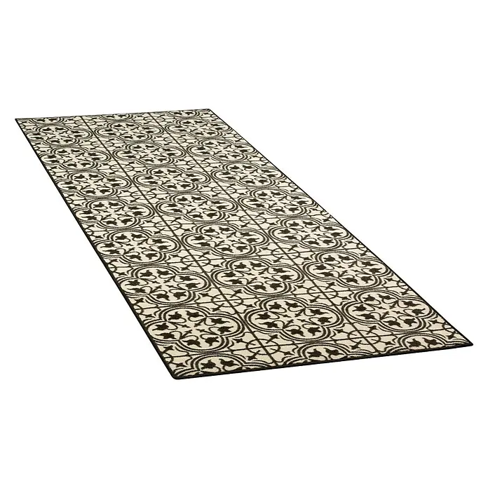 Teppichläufer Galway - Schwarz/Creme, 300 x 80 cm, 100 % Polyamid - Dieser Teppichläufer besticht durch ein elegantes, schwarz-weißes Fliesenmuster und seine robuste Ausführung, ideal für stark frequentierte Bereiche.