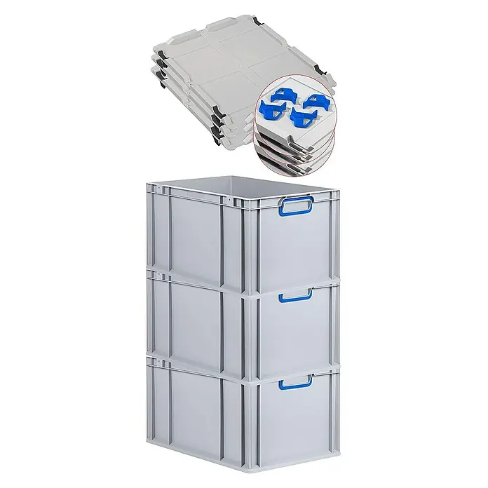 Proregal Euroboxen-Set 3x Eurobox NextGen Color mit Auflagedeckel und Schiebeschnappverschlüsse - L x B x H: 60 x 40 x 32 cm, Kunststoff, Grau, Blau, 3 Stk. - Graue Kunststoffbehälter mit blauen Griffen gestapelt und Deckel mit schwarzem Verschluss.