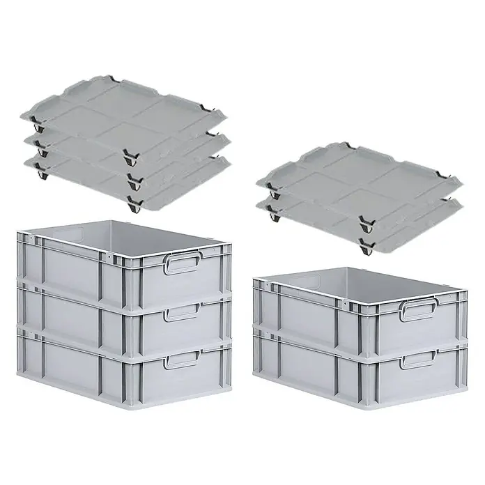 Proregal Euroboxen-Set 5x Eurobox NextGen Economy mit Auflagedeckel und 4x Verschlüsse Schwarz - Kunststoff, Grau, 5 Stk. - Ein Arrangement von grauen Kunststoffboxen, darunter drei gestapelte und zwei gestapelte, sowie zwei Stapel Rollbretter mit jeweils drei und zwei Stück.