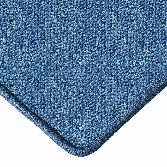 Flachgewebeteppich London - Hellblau, 200 x 200 cm, 100 % Polypropylen - Nahaufnahme eines blauen Teppichs mit dichter Textur und sauberer Kante, ideal für gemütliche Innenräume.