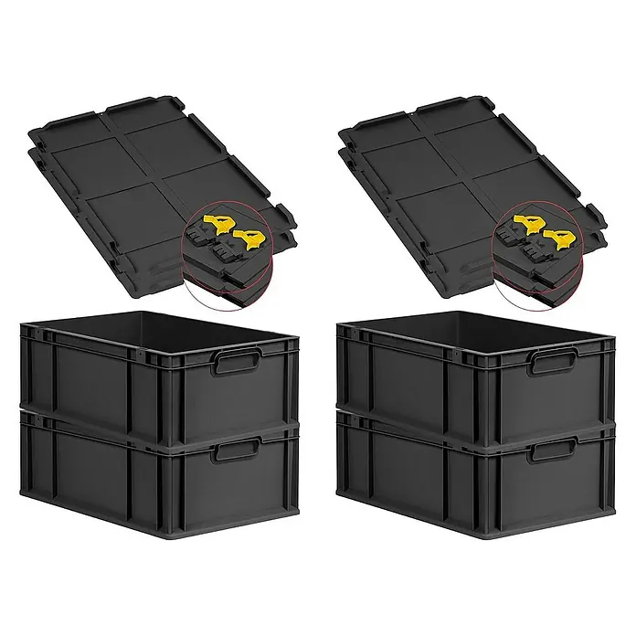 Proregal Euroboxen-Set 4x Eurobox NextGen Grip mit Scharnierdeckel und gelben Verschlüssen - L x B x H: 60 x 40 x 22 cm, Kunststoff, Schwarz, 4 Stk. - Schwarze Eurobehälter mit Deckel und Griffmulden, gestapelt zur platzsparenden Lagerung oder zum Transport von Gütern.