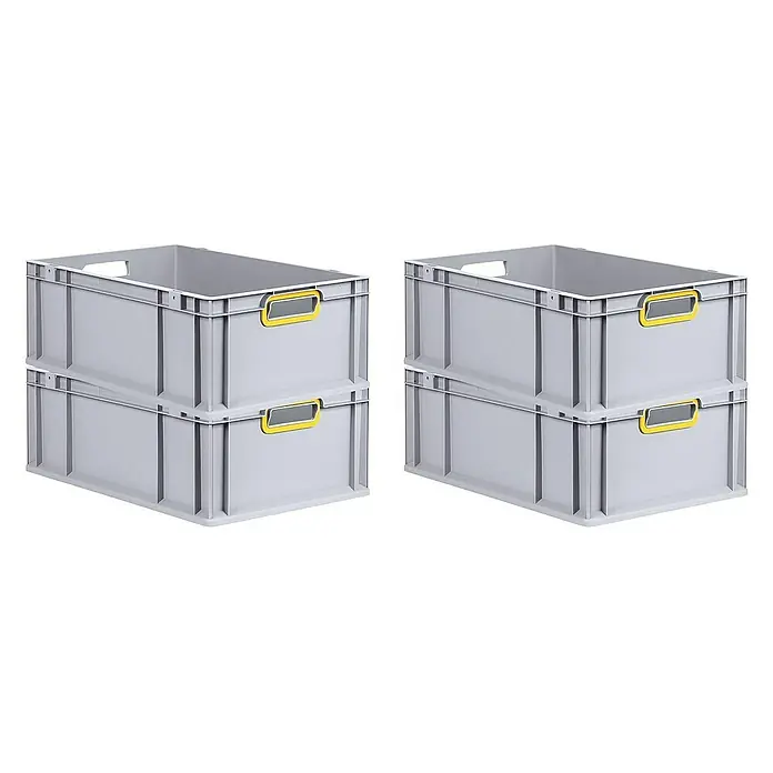 SuperSparSet 4x Eurobox NextGen Color | HxBxT 22x40x60cm | 44 Liter | Griffe gelb offen | Verstärkter Boden | Grau | Eurobehälter, Transportbox, Transportbehälter, Stapelbehälter -  - Zwei Stapel grauer Kunststoffkisten mit gelben Griffen, ideal für Lagerung und Organisation.
