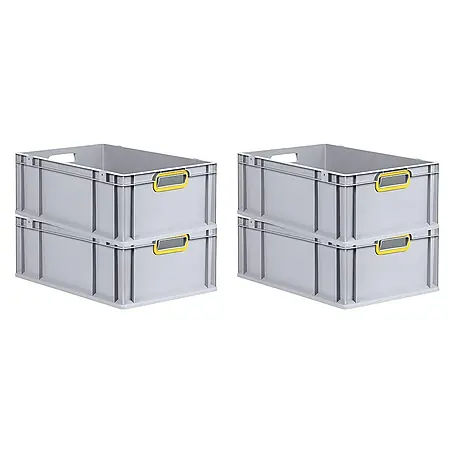 SuperSparSet 4x Eurobox NextGen Color | HxBxT 22x40x60cm | 44 Liter | Griffe gelb offen | Verstärkter Boden | Grau | Eurobehälter, Transportbox, Transportbehälter, Stapelbehälter