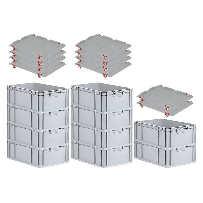 Proregal Euroboxen-Set 10x Eurobox NextGen Grip mit Auflagedeckel inkl. 4 roten Verschlüssen - L x B x H: 60 x 40 x 22 cm, Kunststoff, Grau, 10 Stk. - Bild zeigt graue Kunststoffboxen und zugehörige Deckel in Stapeln, ideal für Lagerung und Organisation.