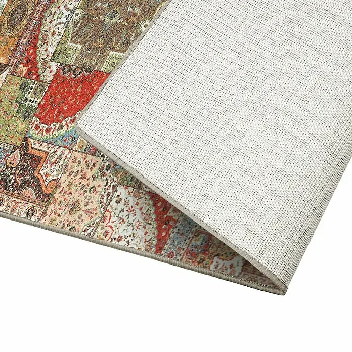 Teppichläufer Tesoro - Bunt, 300 x 80 cm, 100 % Polyamid - Detailaufnahme eines farbenfrohen Patchwork-Teppichs mit rutschfester Unterseite, ideal für Wohnräume.