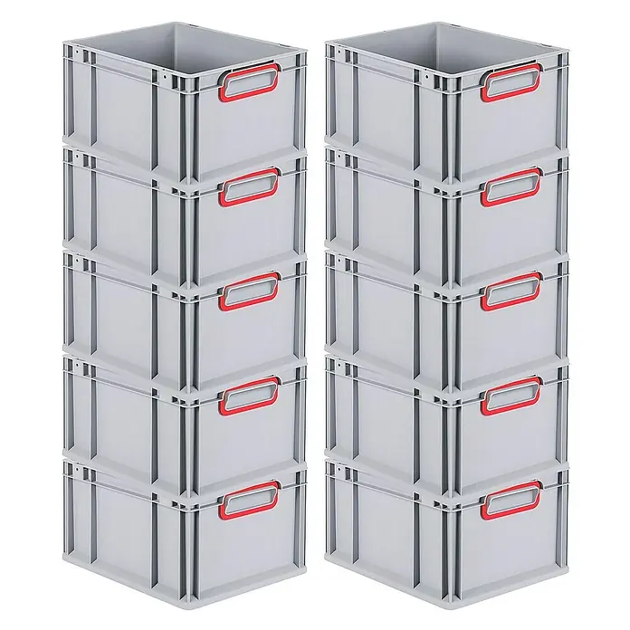 Proregal Euroboxen-Set 10x Eurobox NextGen Color - L x B x H: 40 x 30 x 22 cm, Kunststoff, Grau, Rot, 10 Stk. - Bild von zwei Stapeln grauer Kunststoffboxen mit roten Griffen, die vielseitige Aufbewahrungsmöglichkeiten bieten.