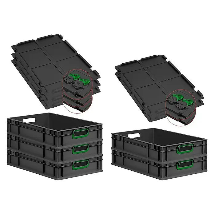 Proregal Euroboxen-Set 5x Eurobox NextGen Color mit Scharnierdeckel und Verschlüssen - L x B x H: 60 x 40 x 12 cm, Kunststoff, Schwarz, Grün, 5 Stk. - Das Bild zeigt graue Eurobehälter und Deckel mit grünen Details, die für Lagerung und Transport geeignet sind.