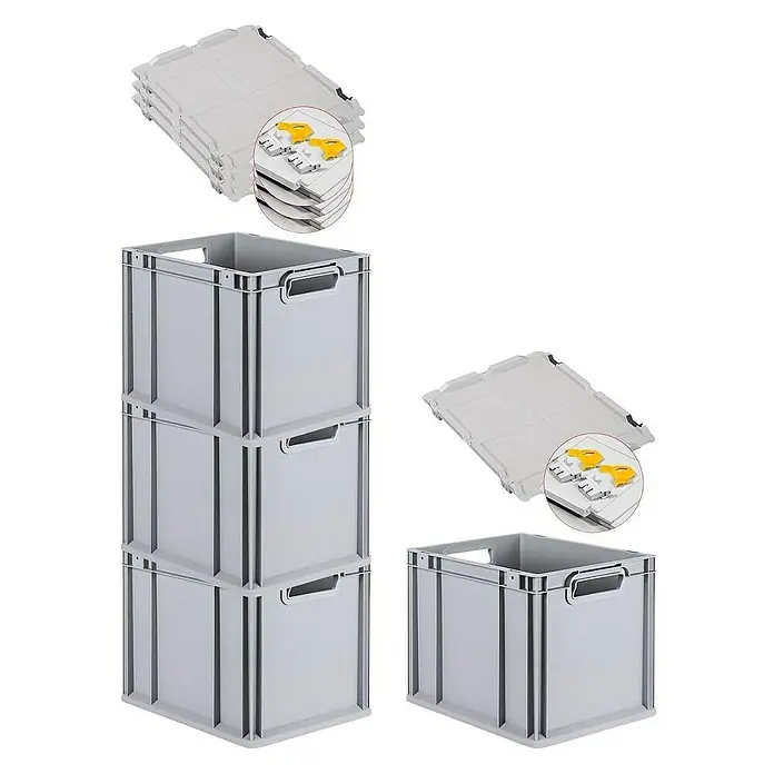 Proregal Euroboxen-Set 4x Eurobox NextGen Economy mit Scharnierdeckel und gelben Verschlüssen - L x B x H: 40 x 30 x 32 cm, Kunststoff, Grau, 4 Stk. - Bild von grauen Kunststoffboxen und zugehörigen Deckeln, die sich ideal für Lagerung und Organisation eignen.